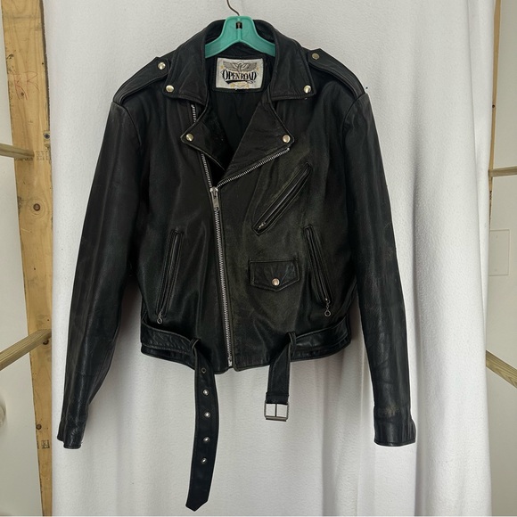 VINTAGE Open Road Real Leather Biker Jacket Mens 44 Black - Picture 1 of 12